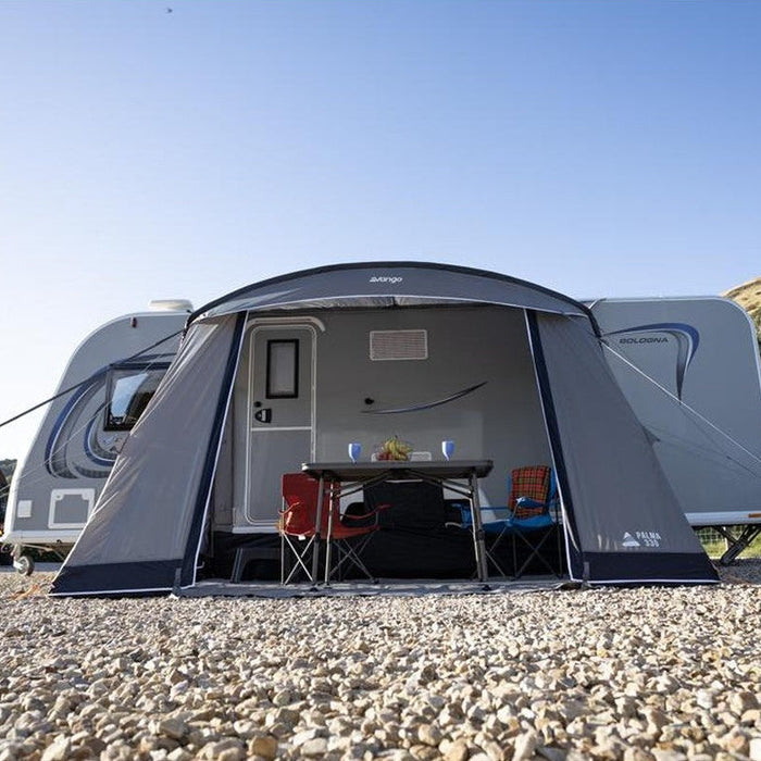 Vango campervan porch awning pitched in sunshine