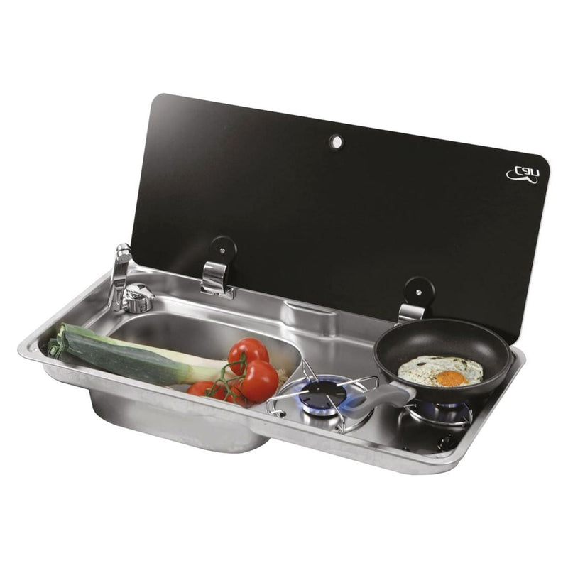 CAN Randi Hob & LH Sink Unit 765 x 355mm (Single Glass Lid / 2 Burners / Piezo) CAN - UK Camping And Leisure