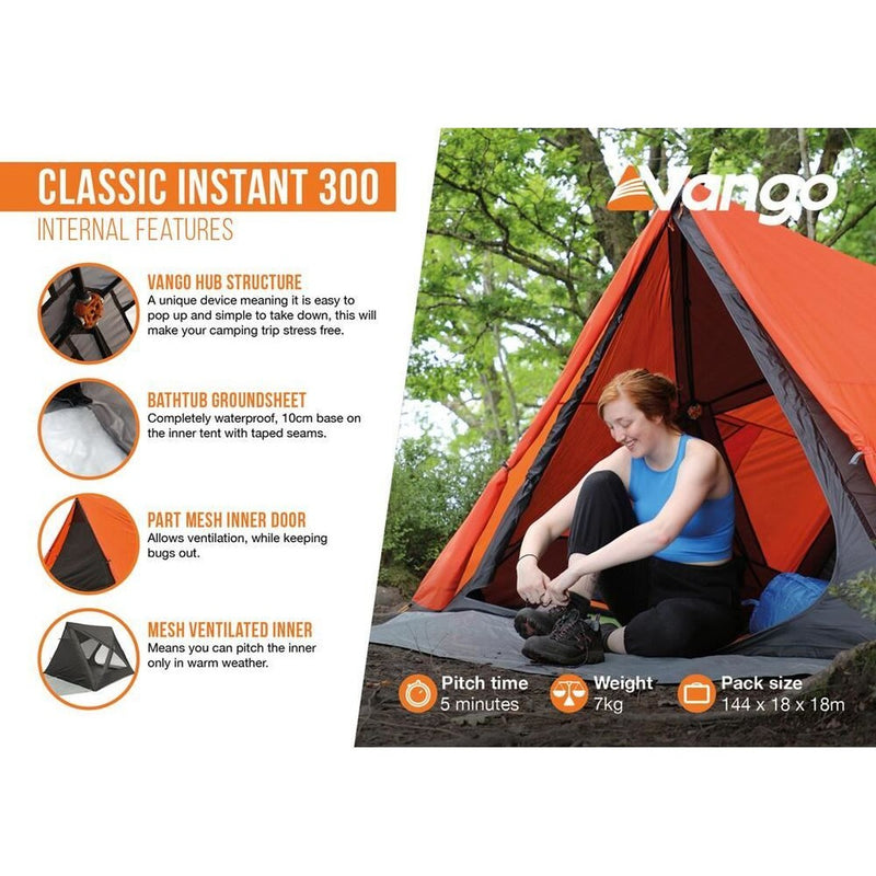 Vango Classic Instant 300 Orange 3 Person Poled Tent Vango - UK Camping And Leisure