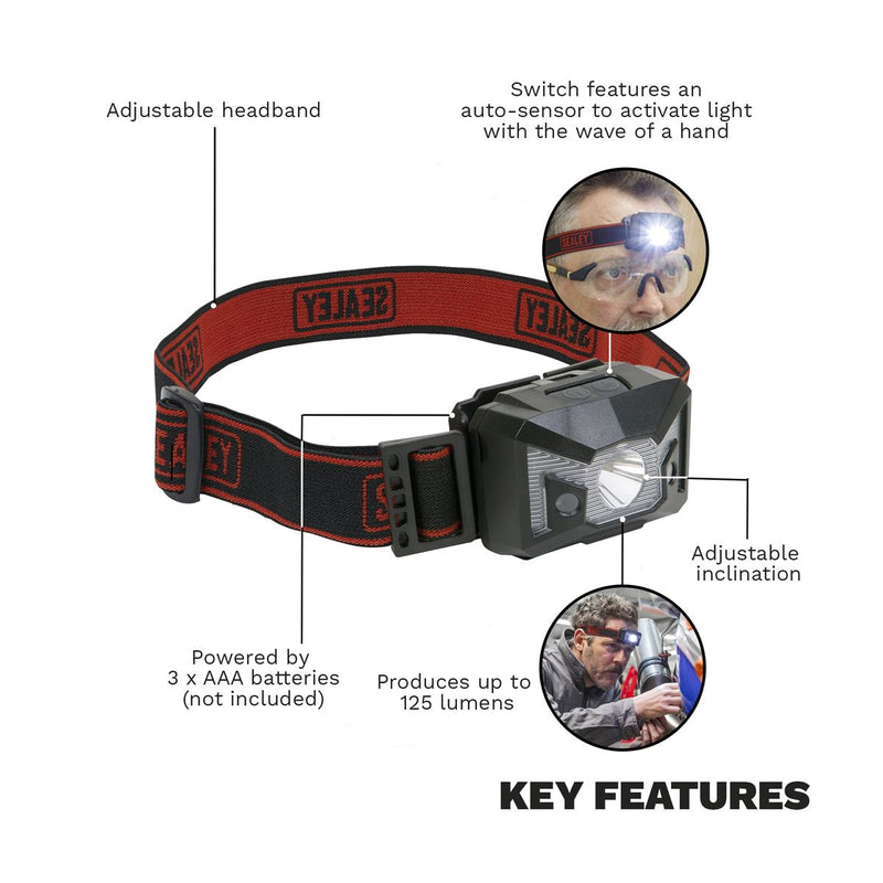 Sealey 3W CREE XPE LED Rechargeable Head Torch Light Auto Sensor 120 Lumens Sealey - UK Camping And Leisure