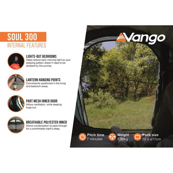 Vango Soul 300 Tent 3 Person Man Waterproof Outdoor Camping Hiking Festival