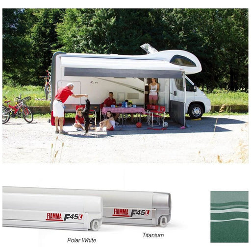 Fiamma Polar White F45L 550 Awning Evergreen Fabric (06530B01E) Winch Handle Wall Mounted Fiamma - UK Camping And Leisure