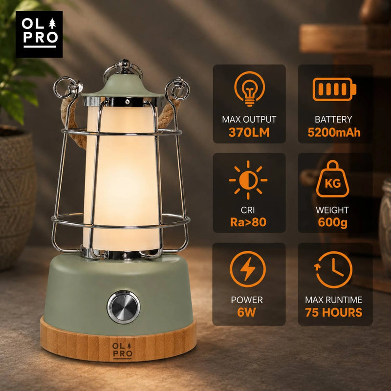 Olpro Retro Dimmable Lantern - Sage Green, 5200mAh Rechargeable Battery