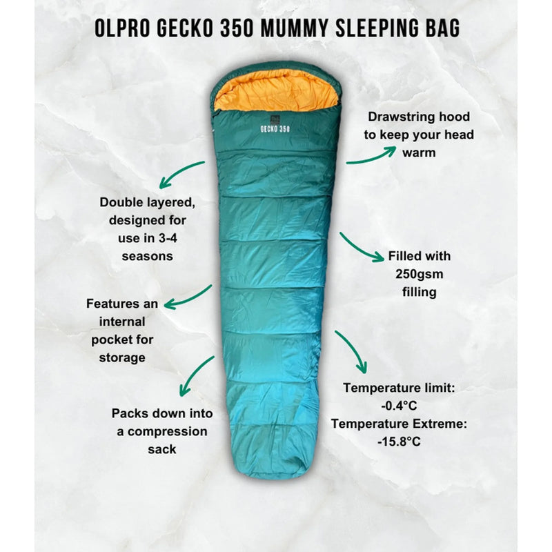 Olpro Geko 350 Mummy Sleeping Bag - Lightweight Design