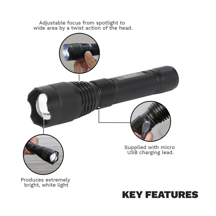 Sealey 10W Cree LED Rechargable USB Aluminium Torch Light Adjustable Focus Sealey - UK Camping And Leisure