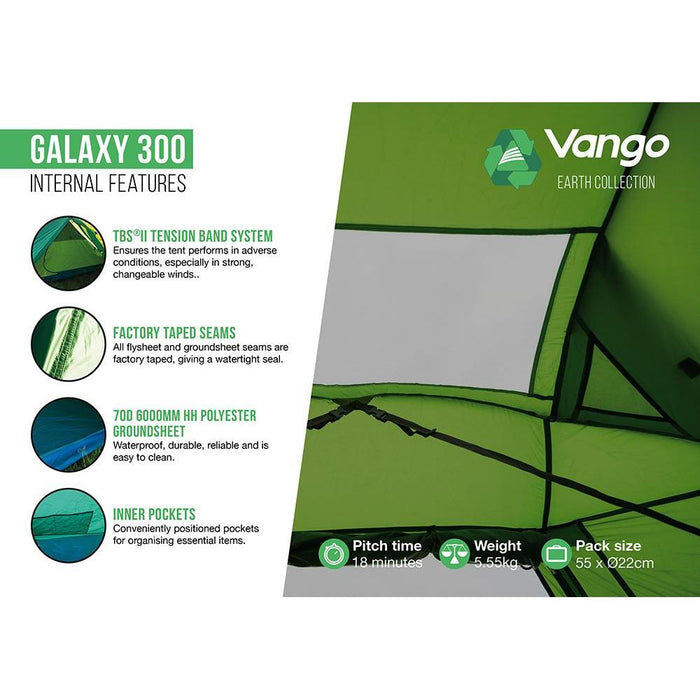 Vango Galaxy 300 3 Person Pole Tent Camping Hiking