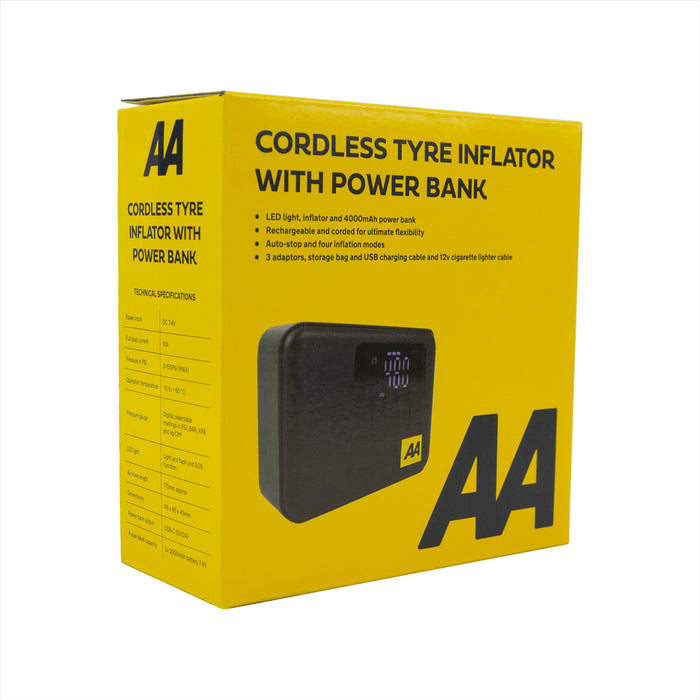 AA Cordless Rechargeable Tyre Inflator with Power Bank & LED Light