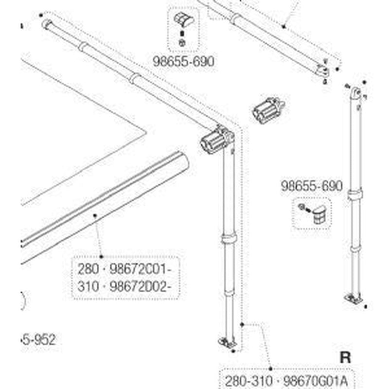 Fiamma Caravanstore Rh Leg / Rafter Assembly 280-310 98670G01A Fiamma - UK Camping And Leisure
