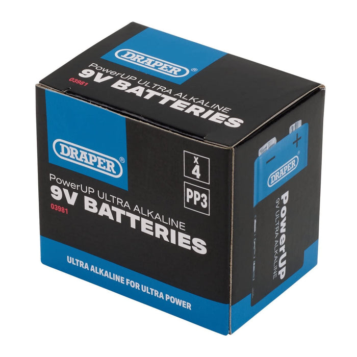 Draper PowerUP Ultra Alkaline 9V Batteries (Pack of 4) 03981 Draper - UK Camping And Leisure