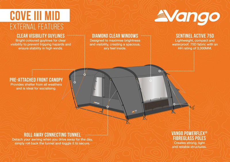 Vango Cove III Mid Smoke Drive Away Awning (215-255) | poled, waterproof, sewn-in groundsheet, lightweight