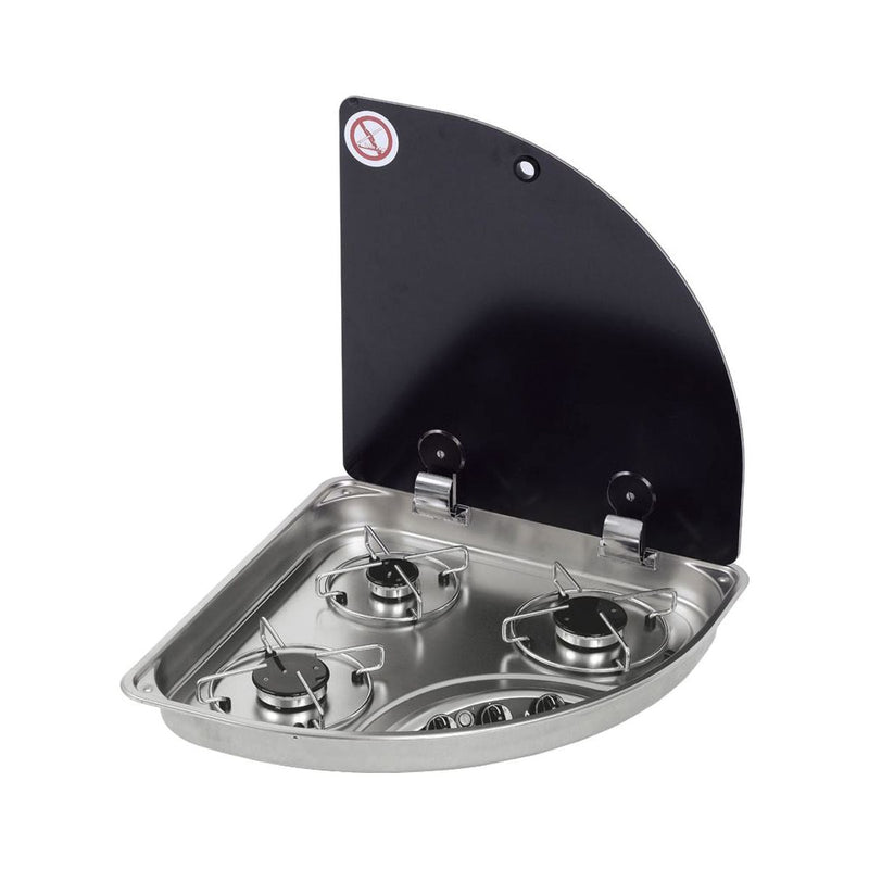 CAN Hoodiny Hob Unit LH Triangle 480mm (Glass Lid / 3 Burners / 12V) CAN - UK Camping And Leisure