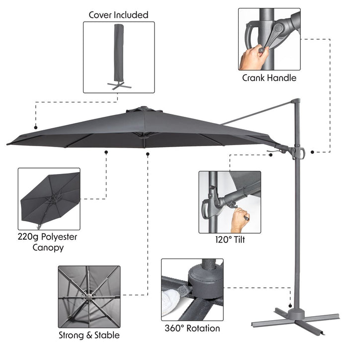 Dellonda Cantilever Parasol with 360 Rotation, Tilt & Cover 3m - Grey Dellonda - UK Camping And Leisure