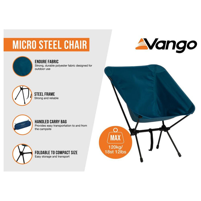 Vango Micro Steel Collapsible Camping Chair with Storage Bag - Mykonos Blue Vango - UK Camping And Leisure