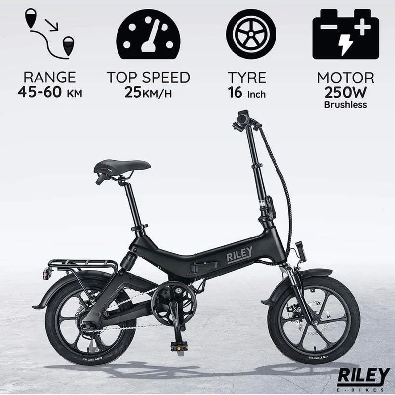 Riley RB1 Foldable E-bike - Black 45-50km Range 250w Motor UK Camping And Leisure - UK Camping And Leisure