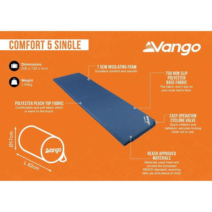 Vango Comfort 5 Single Self inflating Sleep Mat Single Neptune Vango - UK Camping And Leisure