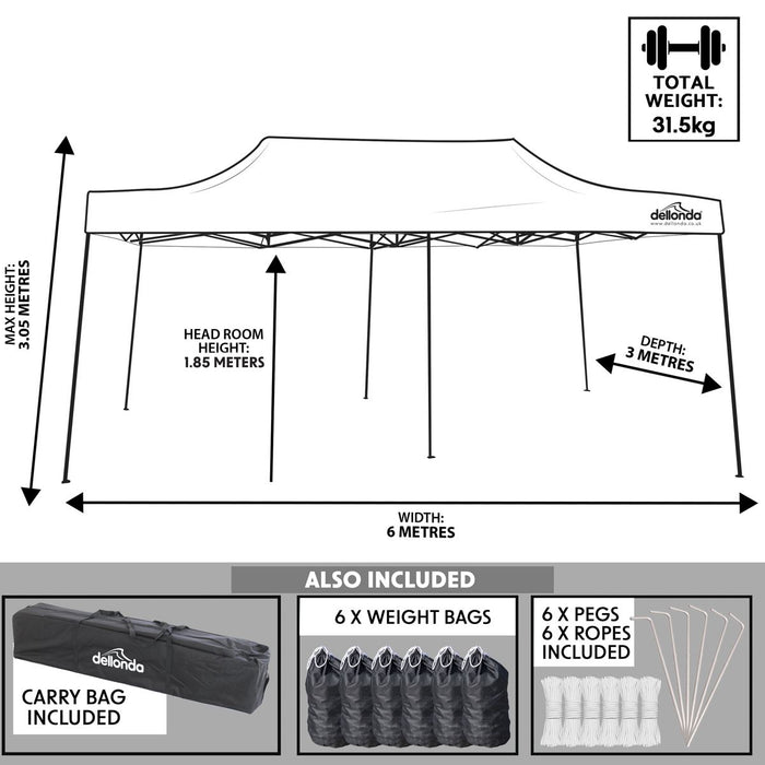 Dellonda 3x6m Pop-Up Gazebo Heavy Duty  Carry Bag Rope Stakes & Weight Beige Dellonda - UK Camping And Leisure