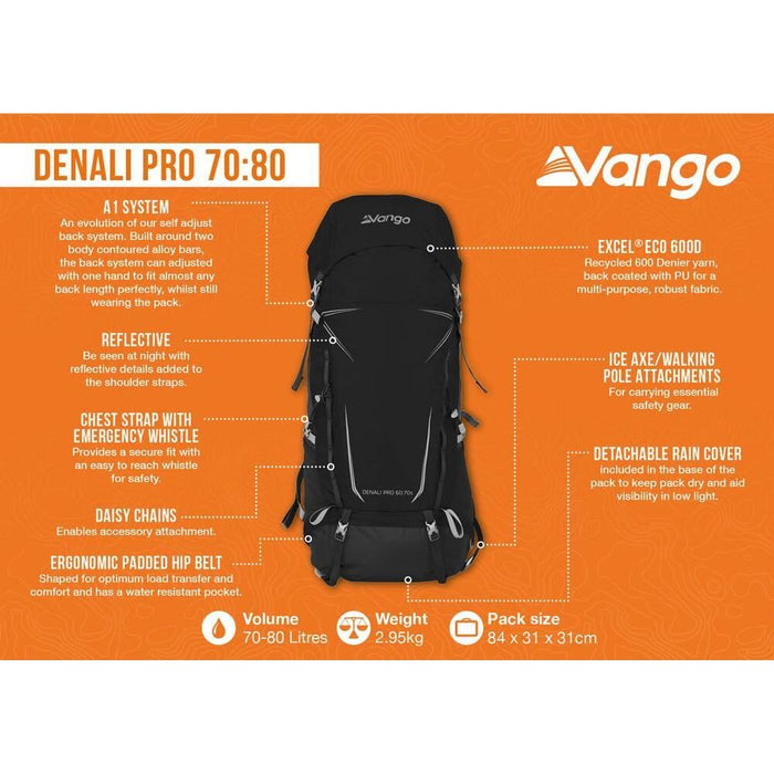 Vango Denali Pro 70:80 70:80 Black Rucksack Backpack Vango - UK Camping And Leisure