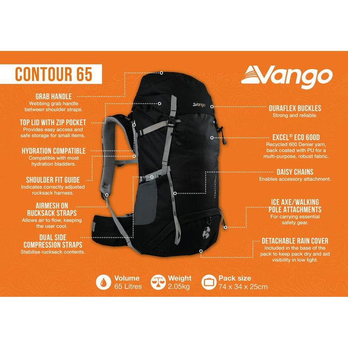 Vango Contour 65 Black Rucksack Backpack Vango - UK Camping And Leisure