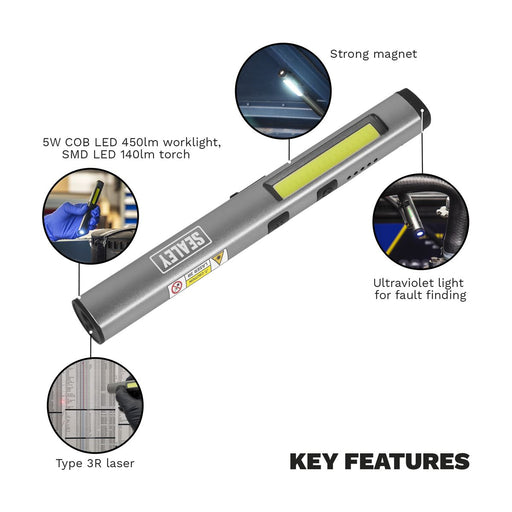 Sealey Penlight Torch with UV 5W COB & 3W SMD LED with Laser Pointer Rechargeabl Sealey - UK Camping And Leisure
