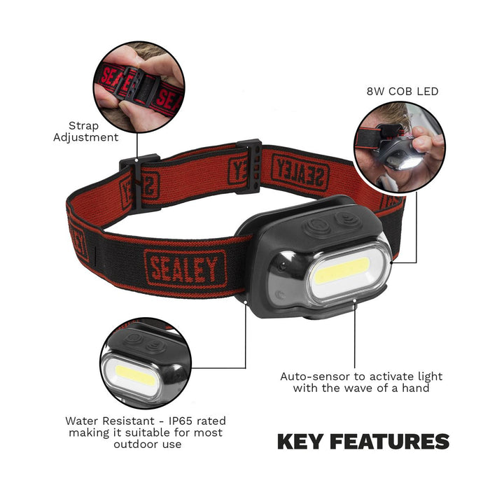 Sealey Rechargeable Head Torch with Auto-Sensor 8W COB LED HT08R Sealey - UK Camping And Leisure