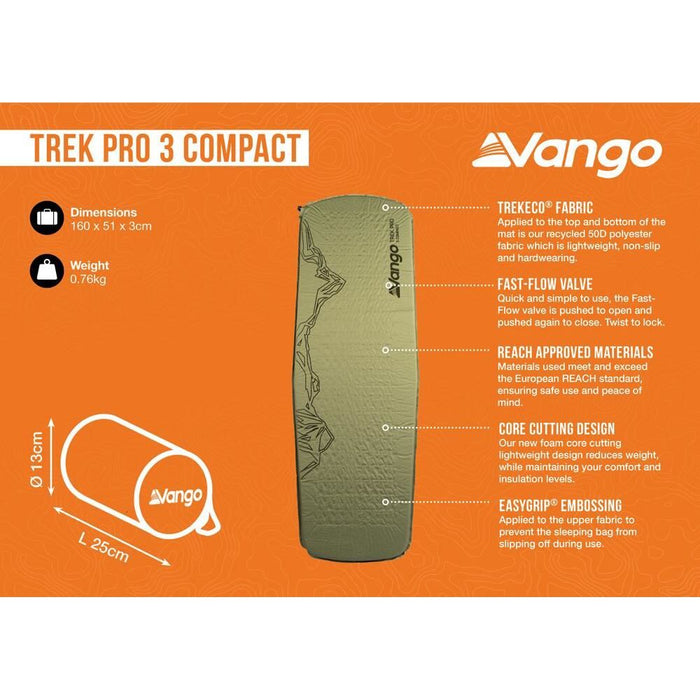 Vango Trek Pro 3 Compact Self inflating Sleep Mat Light Olive Vango - UK Camping And Leisure