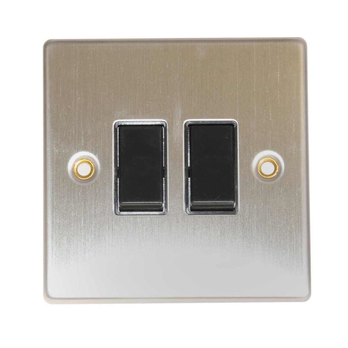 Round Edge Double 2 Way Switch Brushed Steel Finish and Black Inserts AG - UK Camping And Leisure