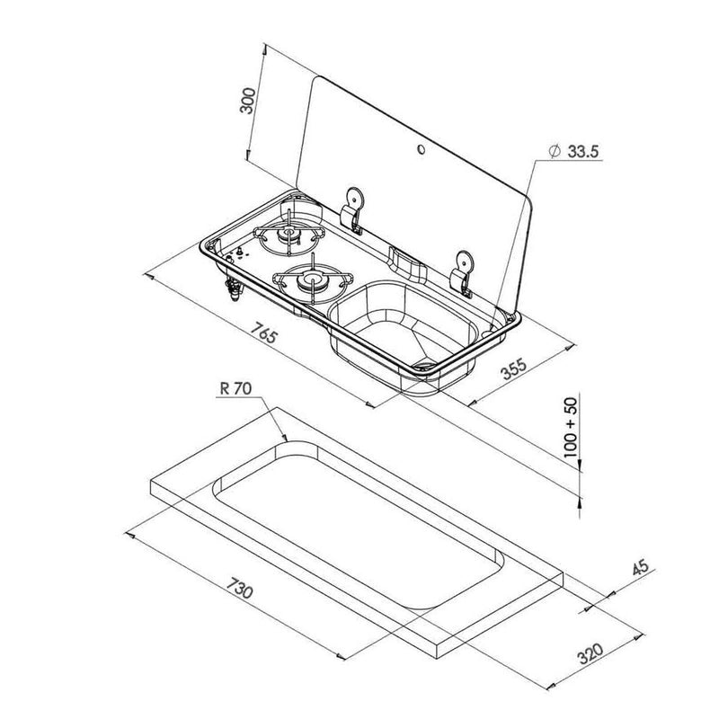 CAN Randi Hob & RH Sink Unit 765 x 355mm (Single Glass Lid / 2 Burners / Piezo) CAN - UK Camping And Leisure