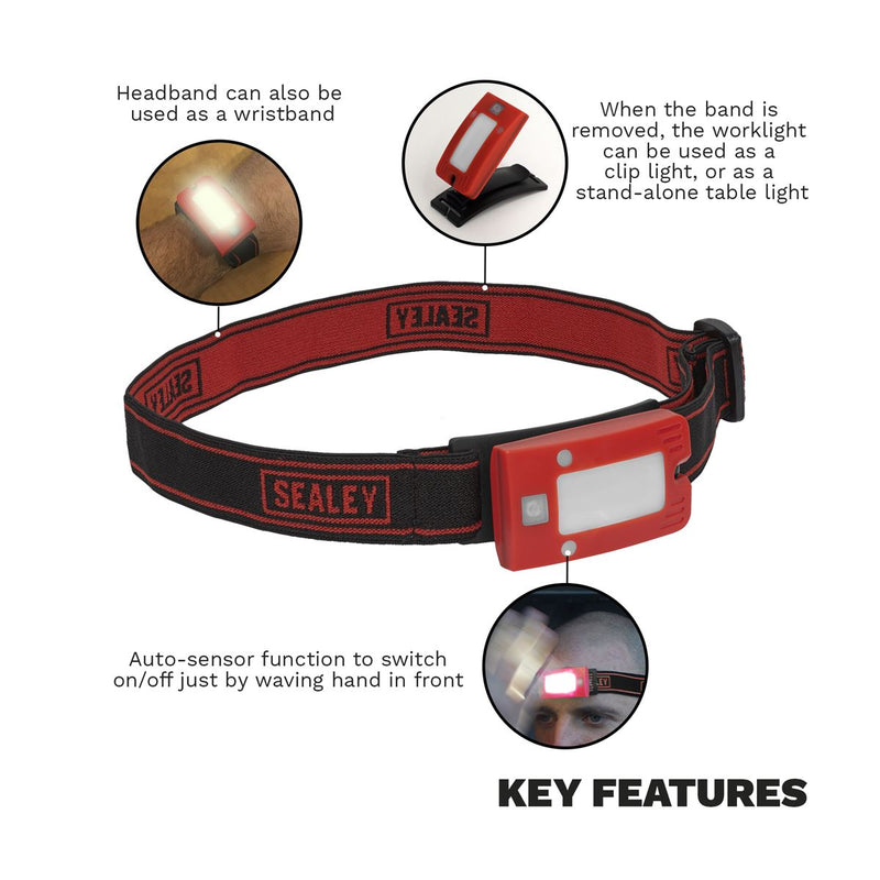 2W COB LED Rechargeable Head Torch Auto Sensor Cycling Front Rear Light Red Sealey - UK Camping And Leisure