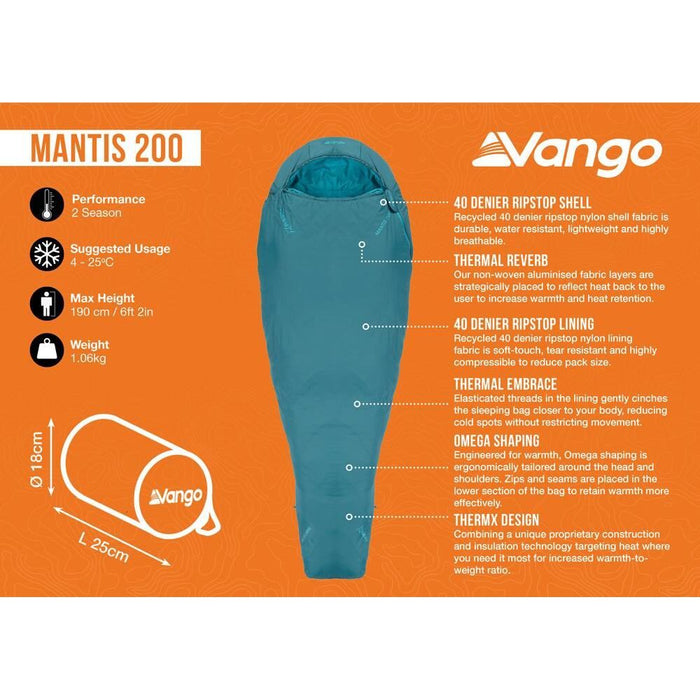 Vango Mantis 200 Sleeping Bag Deep Lagoon Vango - UK Camping And Leisure