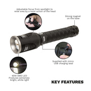 Sealey Aluminium Torch 60W COB LED Adjustable Focus Rechargeable with USB Port Sealey - UK Camping And Leisure