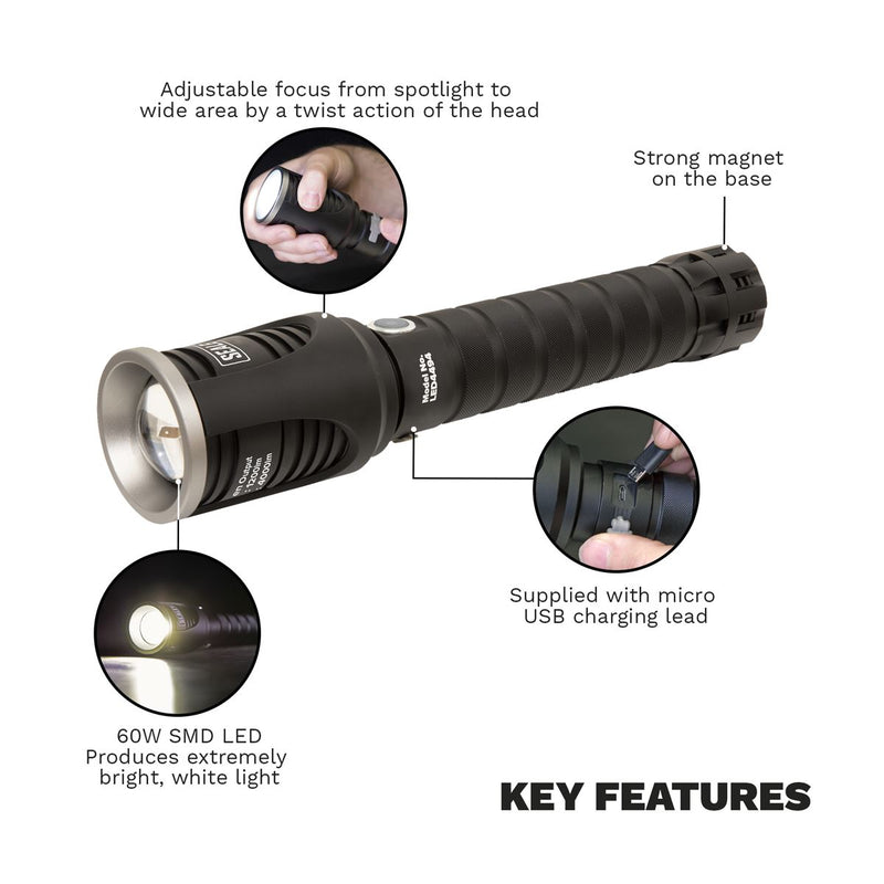 Sealey Aluminium Torch 60W COB LED Adjustable Focus Rechargeable with USB Port Sealey - UK Camping And Leisure