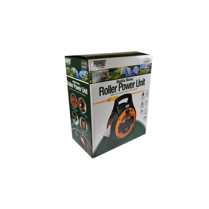 MAYPOLE 3 Way 15Mtr Mobile Mains Roller Power Unit with Twin USB & Light 3767