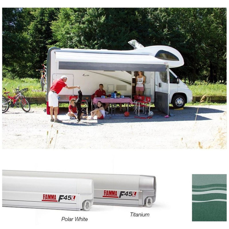 Fiamma Polar White F45L 500 Awning Evergreen Fabric (06530A01E) Winch Handle Wall Mounted Fiamma - UK Camping And Leisure