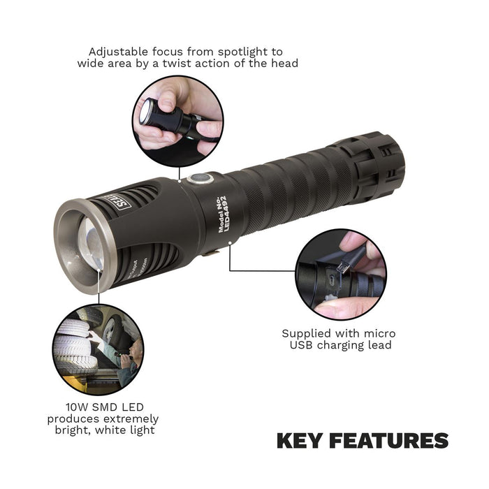 Sealey Aluminium Torch 10W SMD LED Adjustable Focus Rechargeable with USB Port Sealey - UK Camping And Leisure