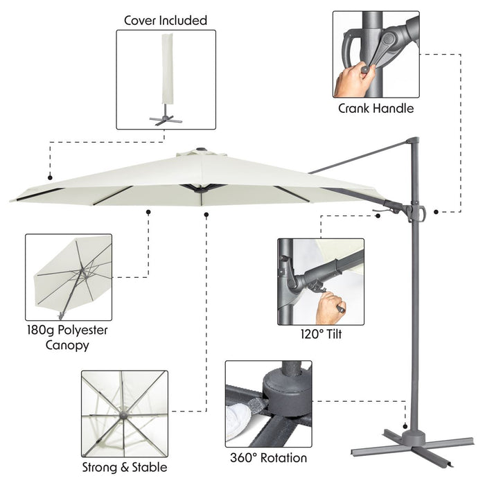 Dellonda Cantilever Parasol with 360 Rotation, Tilt & Cover 3m - Cream Dellonda - UK Camping And Leisure