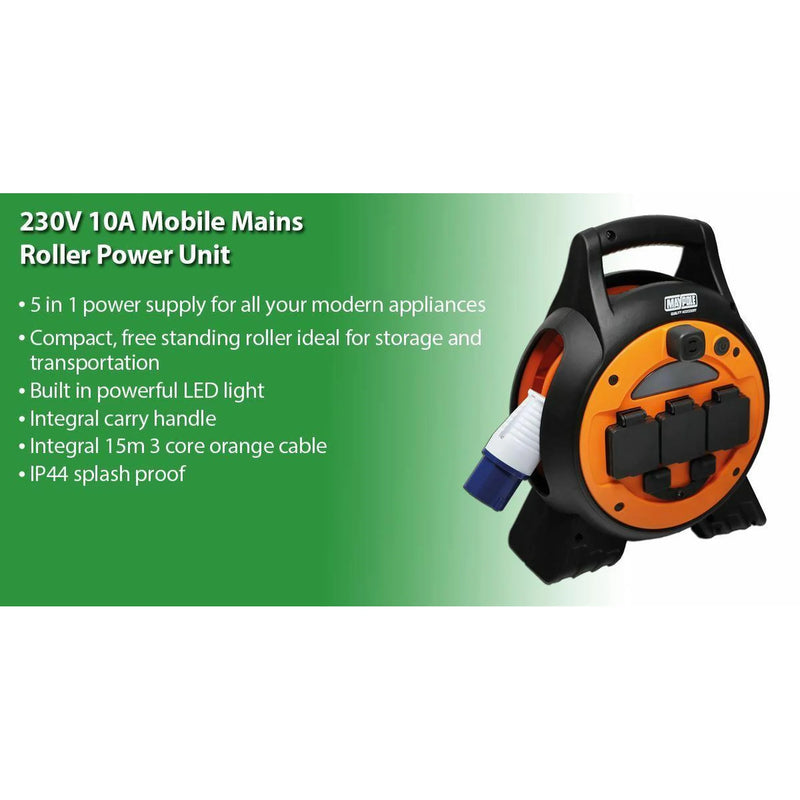 MAYPOLE 3 Way 15Mtr Mobile Mains Roller Power Unit with Twin USB & Light 3767