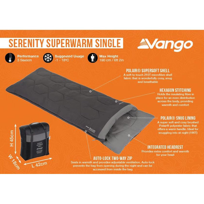 Vango Serenity Superwarm Single Sleeping Bag 3 Season Tog 10