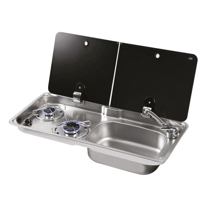 CAN Randi Hob & RH Sink Unit 765 x 355mm (Double Glass Lid / 2 Burners / Piezo)