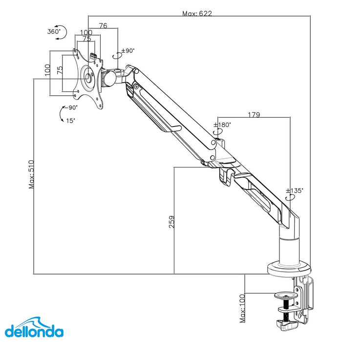 Dellonda Adjustable Single Monitor Arm with 360 Rotation - White DH26 Dellonda - UK Camping And Leisure