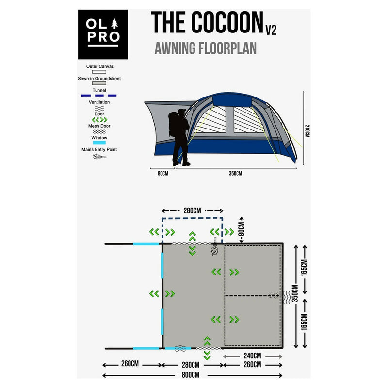 Olpro Cocoon V2 Campervan Awning 5 Berth 190-250cm