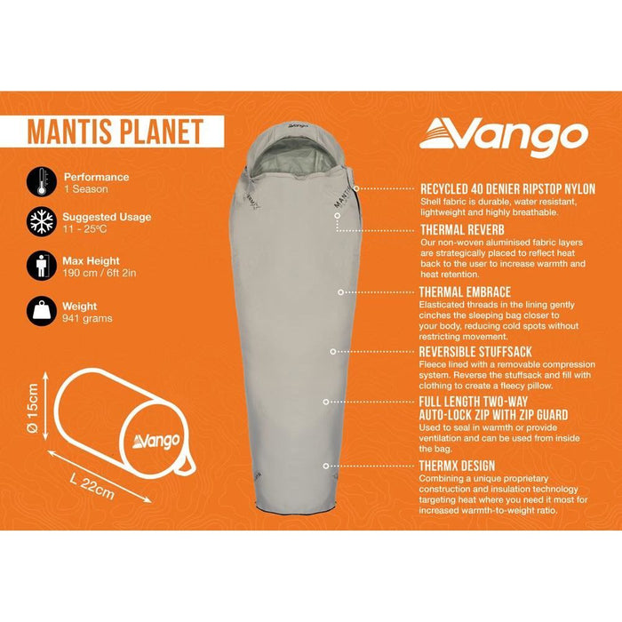 Vango Mantis Planet Sleeping Bag 50L Grey Flannel Vango - UK Camping And Leisure