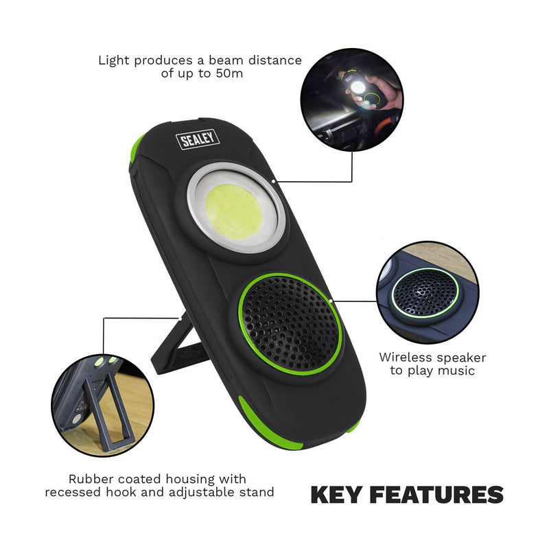 Sealey Rechargeable Torch Light Wireless Speaker 10W COB LED 500 Lumens Lamp Sealey - UK Camping And Leisure