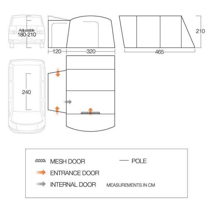 Vango Galli Poled Driveaway Awning Low for VW T5 T6 T6.1 Campervan 180-210cm