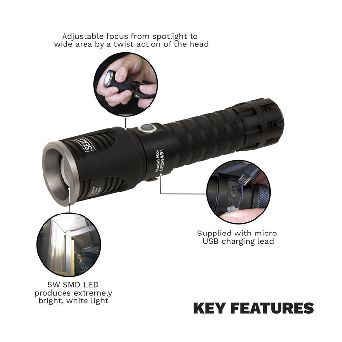 Sealey Aluminium Torch 5W SMD LED Adjustable Focus Rechargeable with USB Port Sealey - UK Camping And Leisure