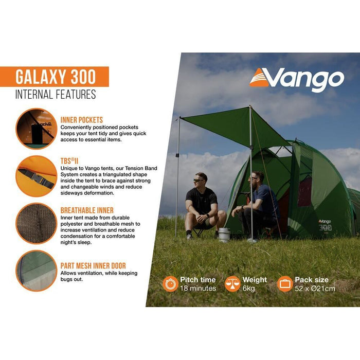 Vango Galaxy 300 Forest Green 3 Person Tent Vango - UK Camping And Leisure