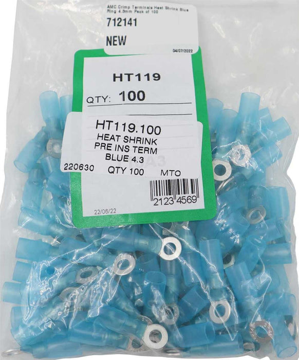 AMC Blue Heat Shrink Ring Terminal (4.3mm ID / 100 Pack) AMC - UK Camping And Leisure