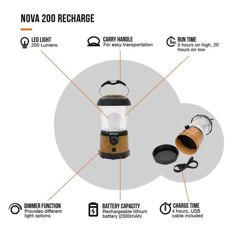 Vango Nova 200 Recharge USB Camping Lantern - Wood Effect Vango - UK Camping And Leisure
