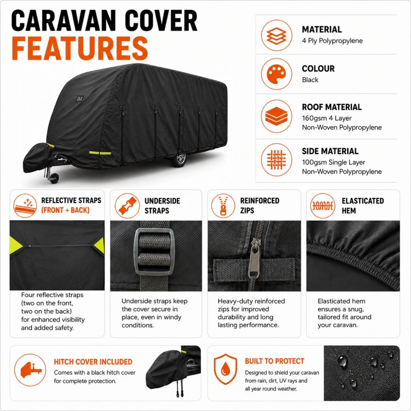 OLPRO Breathable Waterproof 4Ply Caravan Cover with Free Hitch Cover Black