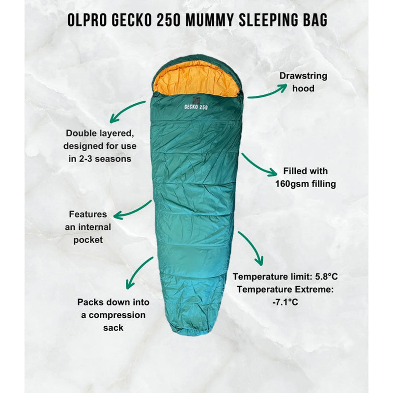 Olpro Gecko 250 Mummy Sleeping Bag 205cm x 75cm