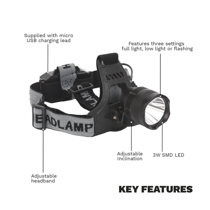 Sealey Head Torch 3W CREE LED Rechargeable HT105LED Sealey - UK Camping And Leisure